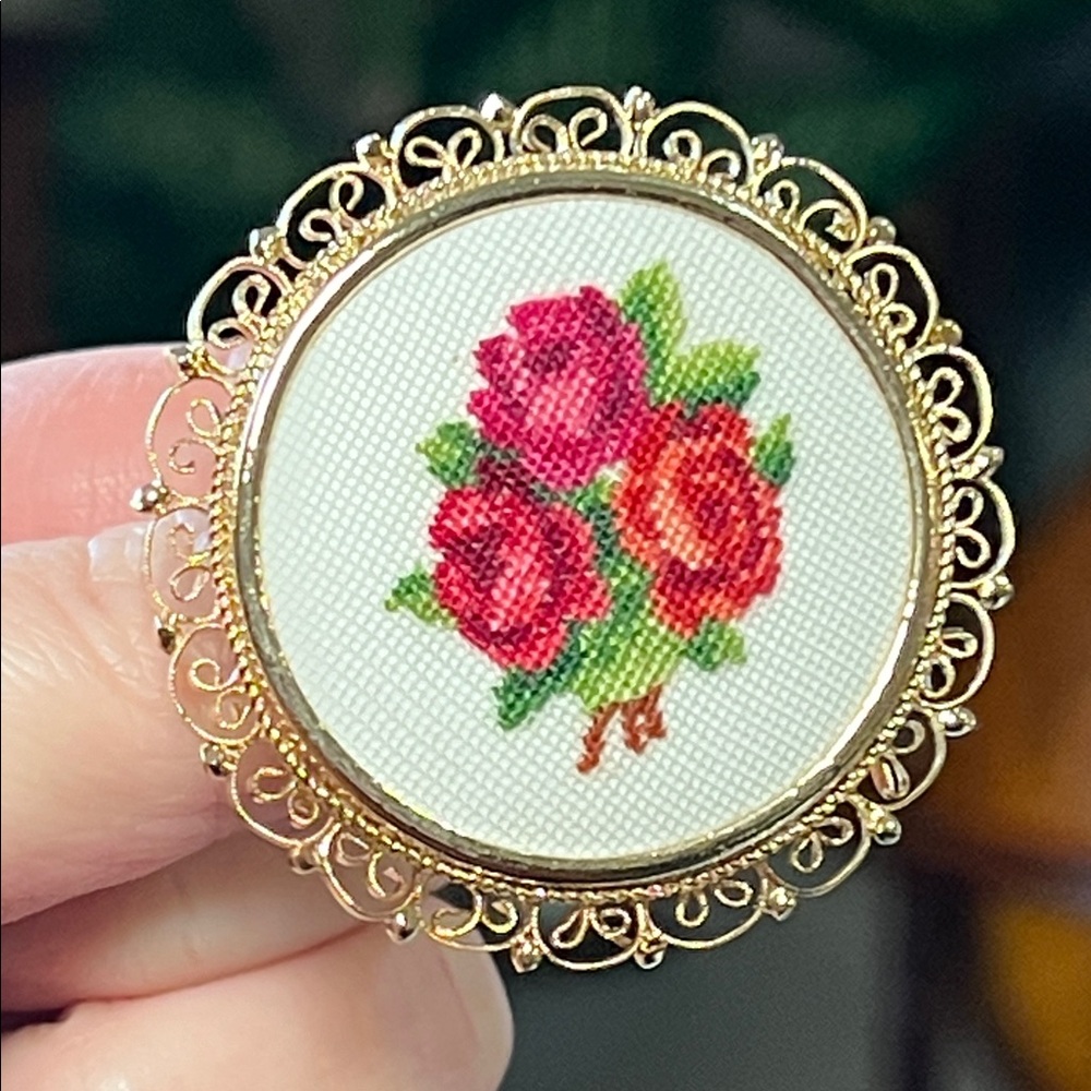 Vintage Austria Petit Point Hand Embroidered Rose Floral Gold Filigree Brooch